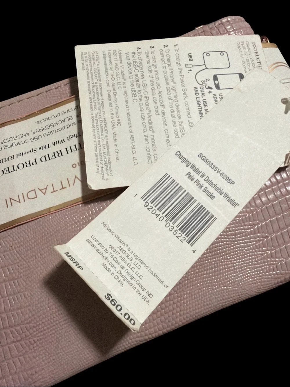 NWT Adrienne Vittadini Studio Charging Wallet W/RFID Protection Pink Lizard Tech